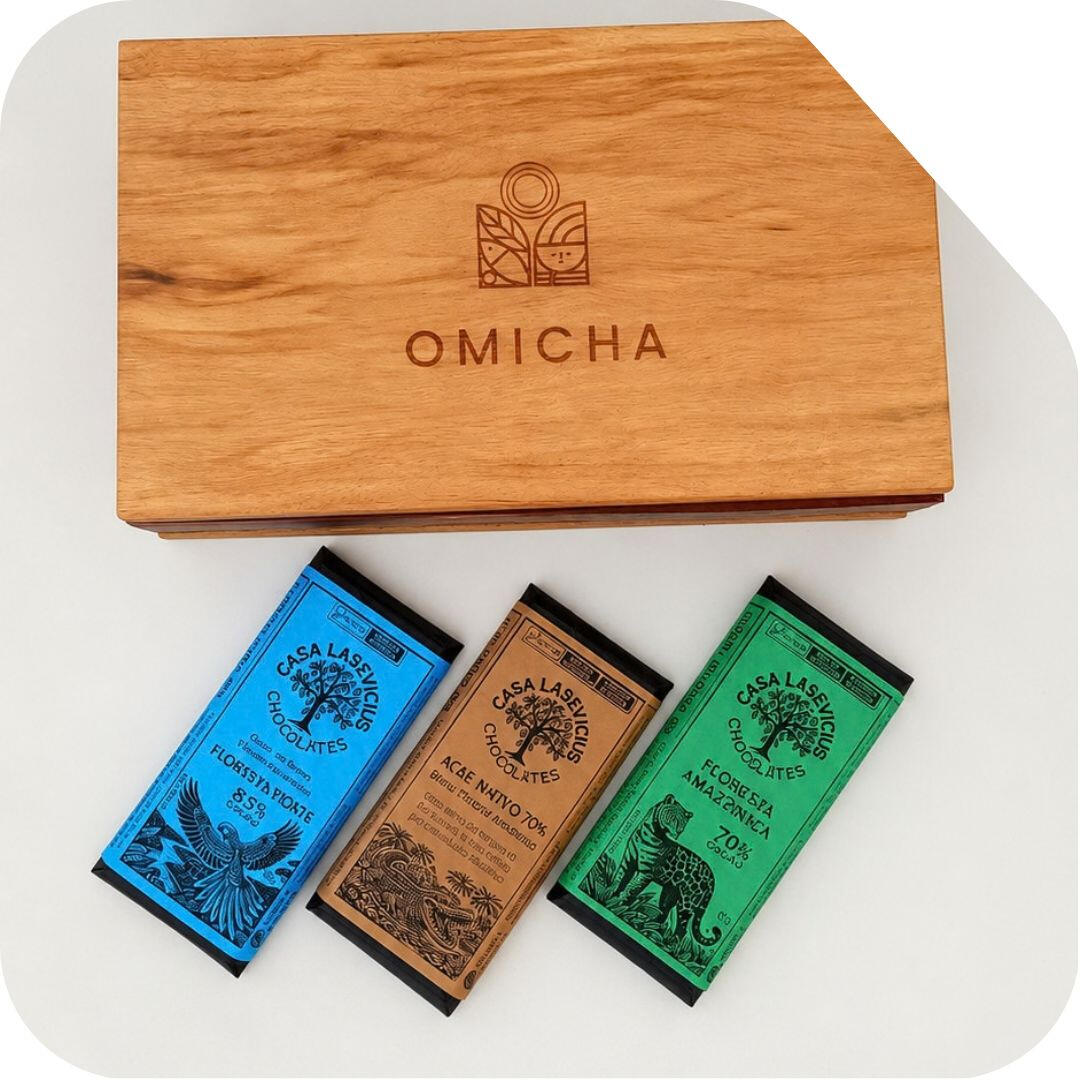 estojo-omicha-chocolates-casa-lasevicius-bioma-amazonia.jpg Estojo de madeira Omicha acompanhado de barras de chocolate artesanal Casa Lasevicius de origens amazônicas.