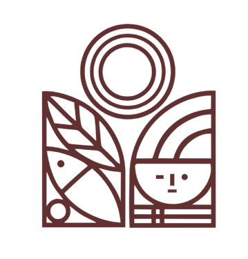 Logomarca da loja de chocolates bean-to-bar omicha Símbolo institucional da marca Omicha em tom marrom-cacau. Ilustração minimalista e autoral com traço manual representativo de alimentos de origem e chocolates nativos.
