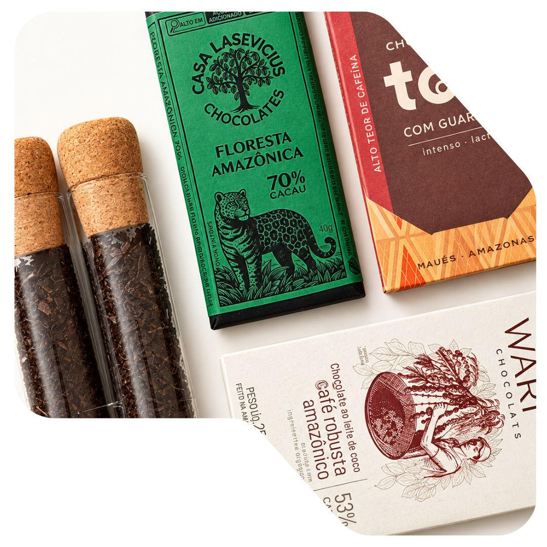 Fotografia em plano fechado do kit de curadoria da OMICHA para outubro, exibindo tubetes de vidro com chás agroflorestais, embalagens de chocolates bean-to-bar de marcas parceiras como Casa Lasevicius, Toiró e Warabú, destacando ingredientes e origens da A
