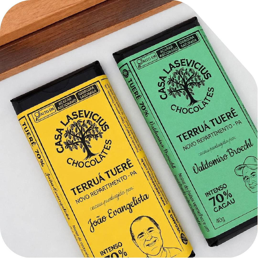 Barras de chocolate Casa Lasevicius Terruá Tuerê 70% cacau Novo Repartimento Pará dos produtores João Evangelista e Valdomiro Broechl.